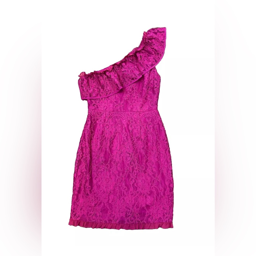 LOVERS + FRIENDS Fuchsia/ Pink One Shoulder Ruffle Lace Mini Cocktail Dress Sz S